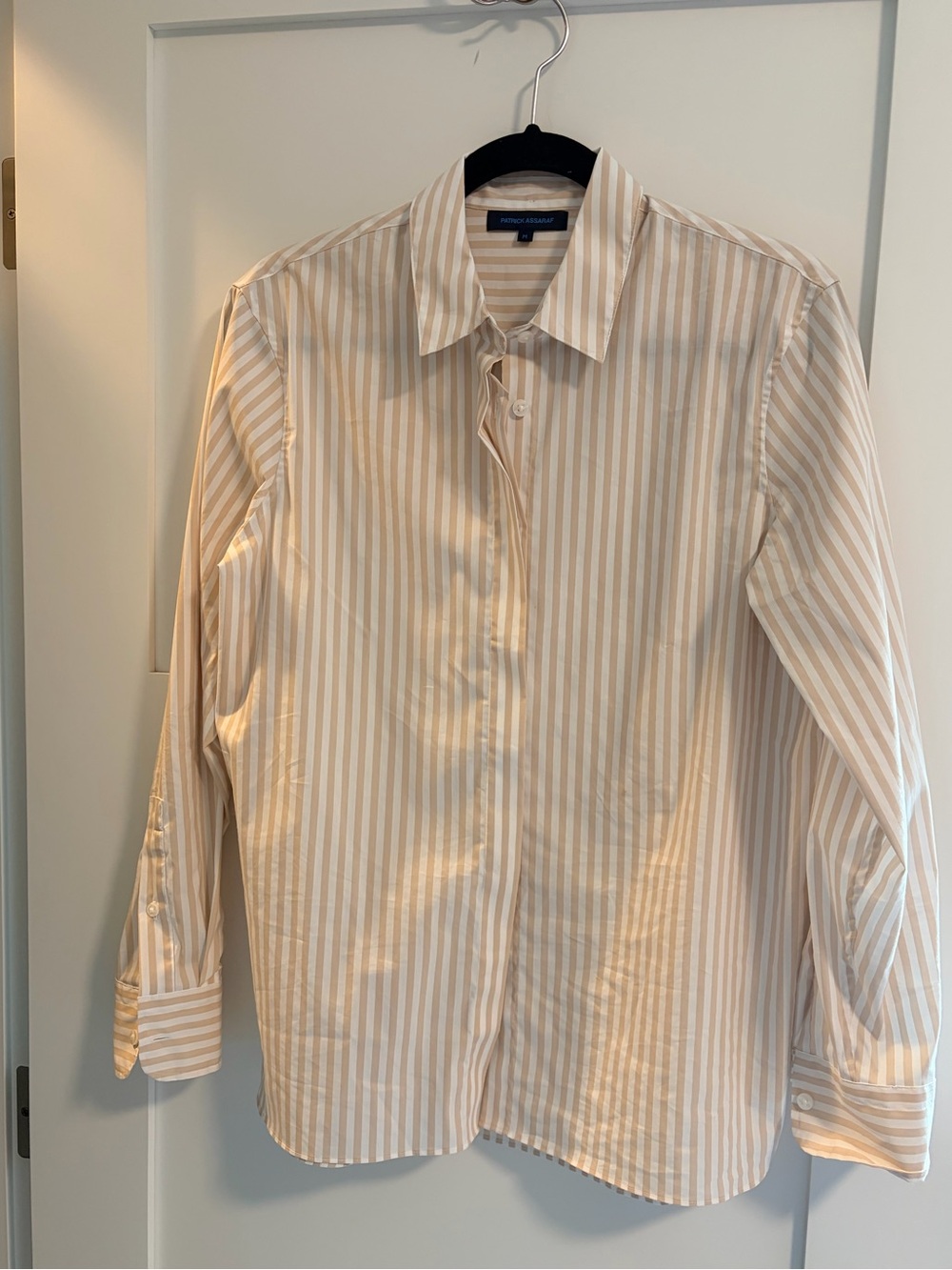 Women’s Beige and White Stripe Button-Down Shirt